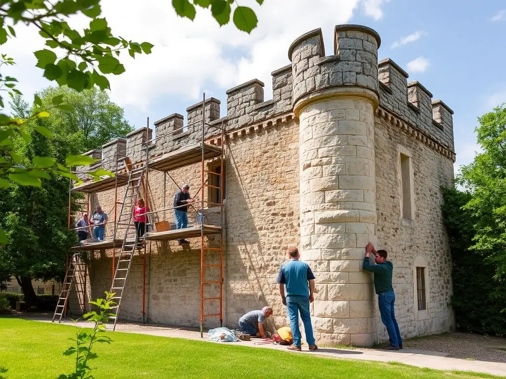 A high-resolution photograph showing APPA volunteers carefully restoring a centuries-old stone monument in Arnay-sous-Vitteaux, with scaffolding, preservation tools, and a backdrop of the historic village.