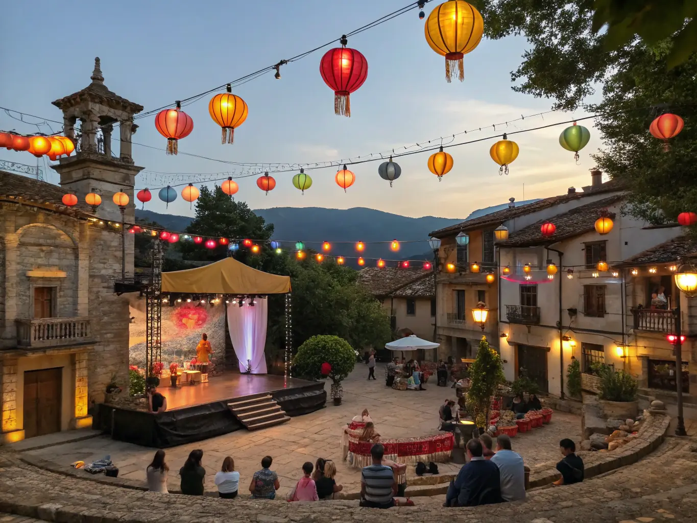 A lively scene of a community festival in Arnay-sous-Vitteaux, with people of all ages participating in traditional crafts, music performances, and group activities, set against a backdrop of historic buildings.