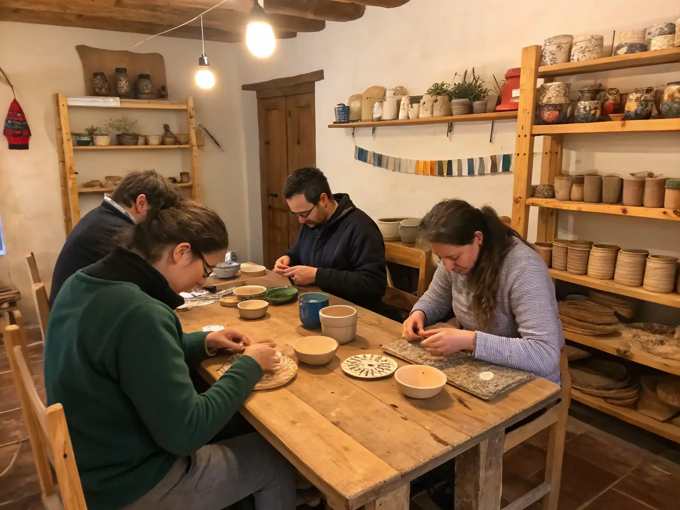 An indoor workshop with adults and children learning traditional crafts, surrounded by historical artifacts and displays.