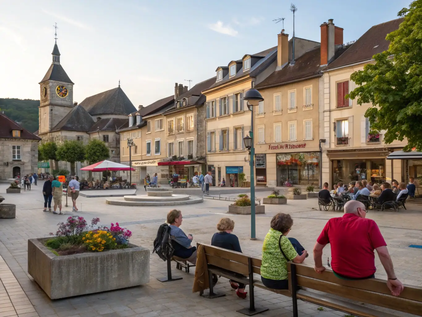 A vibrant, colorful image of a landscaped village square in Arnay-sous-Vitteaux, featuring blooming flower beds, lush greenery, and well-maintained walking paths, with residents enjoying the inviting outdoor space.