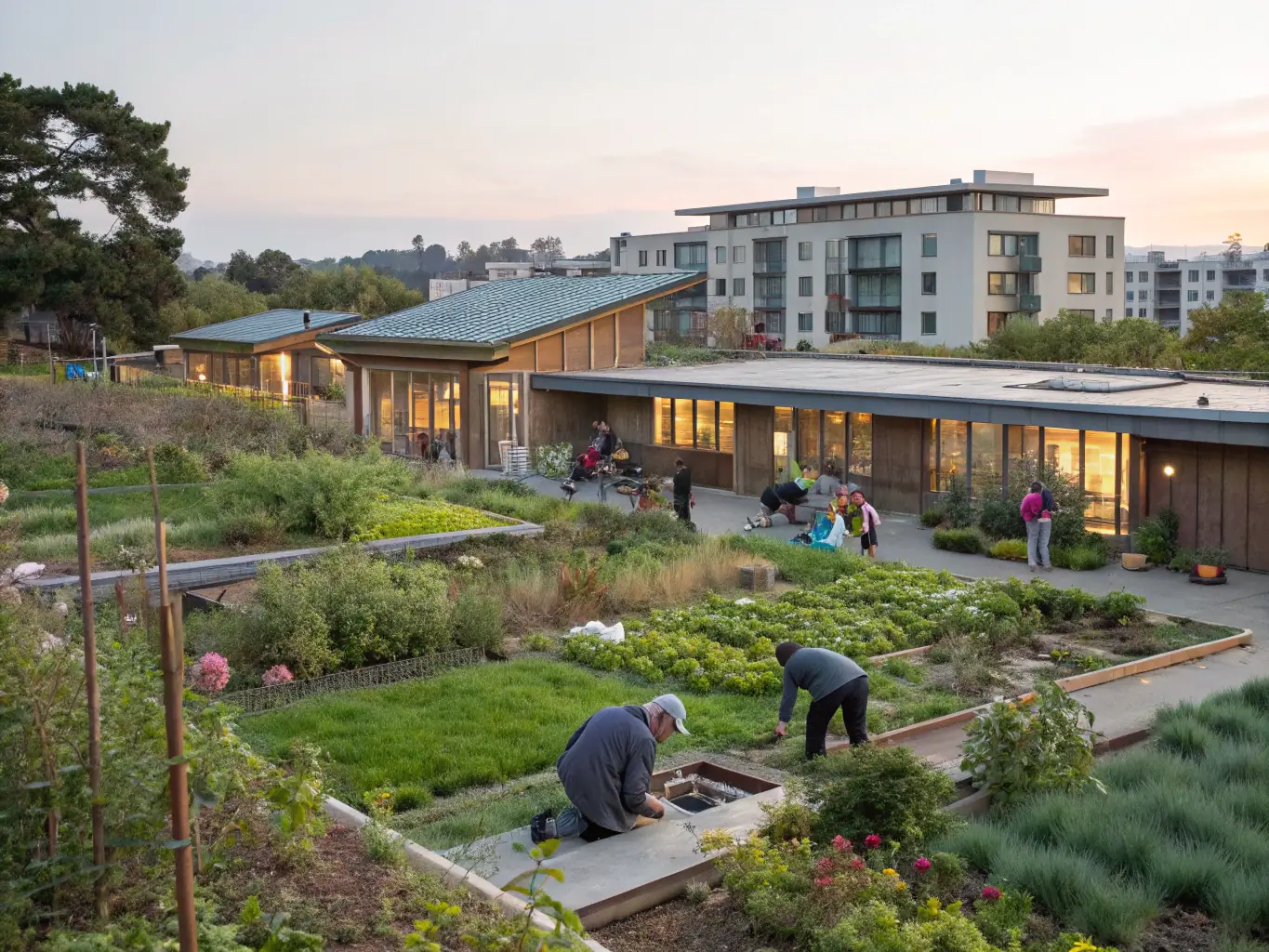 A group of volunteers planting flowers and landscaping a village square, with historic buildings in the background, representing APPA's community engagement and environmental initiatives.