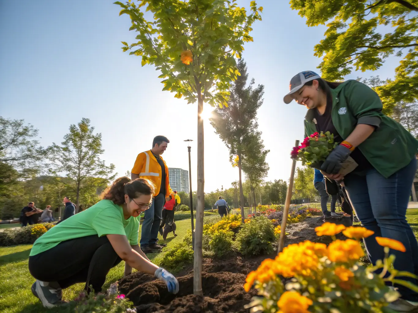A group of volunteers planting flowers and shrubs around a historic monument, with children helping and smiling.