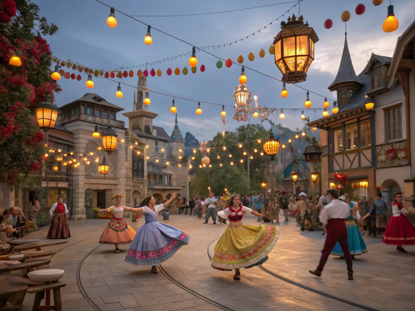 A lively outdoor heritage festival in the village square with people in traditional dress, local musicians, and decorated stalls.